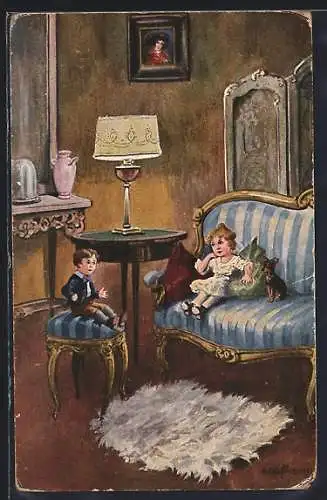 Künstler-AK Ad. Hoffmann: Junge und Mädchen mit Hund in Wohnstube