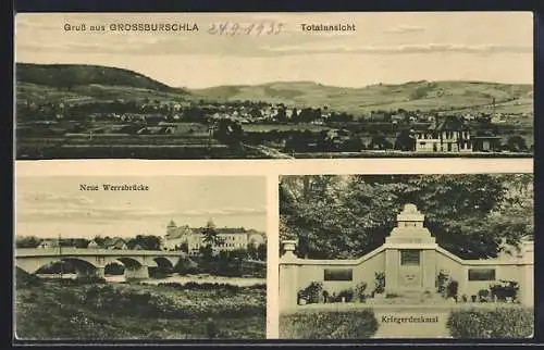 AK Grossburschla / Thür., Neue Werrabrücke, Kriegerdenkmal, Totalansicht