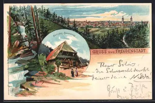 Lithographie Freudenstadt, Schwarzwaldhaus mit Paar, Sankenbachfall