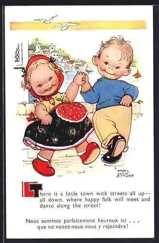 Künstler-AK Mabel Lucie Attwell: Junge und Mädchen tanzen vor der Hafenkulisse