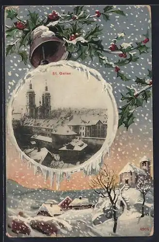 AK St. Gallen, Ortsansicht, Winterpanorama, Mistelzweige mit Glocke