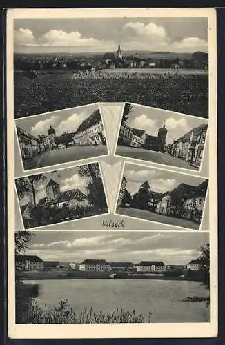 AK Vilseck, Ortsansicht mit Feldern, Flusslauf und Marktplatz