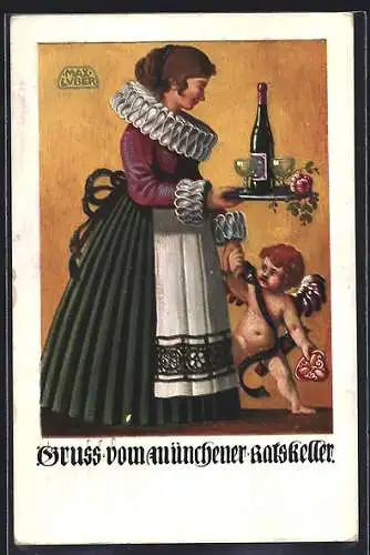 Künstler-AK Carl Kunst: München, Gasthaus Münchener Ratskeller, Kellnerin mit Amor