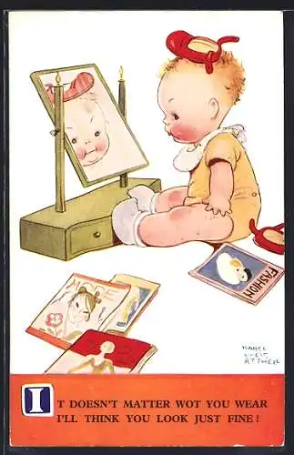 Künstler-AK Mabel Lucie Attwell: Kleine Dame vor dem Spiegel, Modezeitschriften