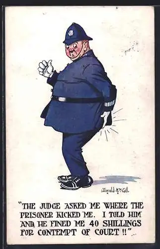 Künstler-AK Donald McGill: Polizist fasst sich an den Po, The Judge asked me where the prisoner kicked me