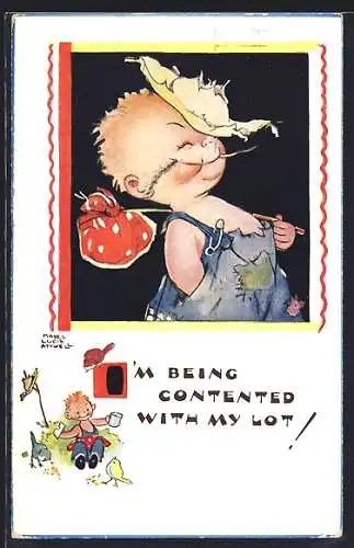 Künstler-AK Mabel Lucie Attwell: Kleiner Junge mit zerschlissener Kleidung und kleinem Päckchen voll Habseligkeiten