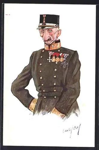 Künstler-AK Carl Josef Pollak: älterer österr. Offizier in Uniform mit Orden
