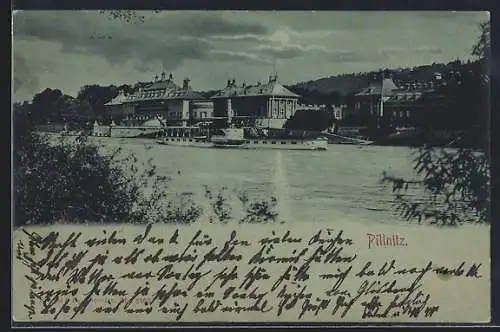 Mondschein-AK Dresden-Pillnitz, Uferpartie mit Dampfer Habsburg