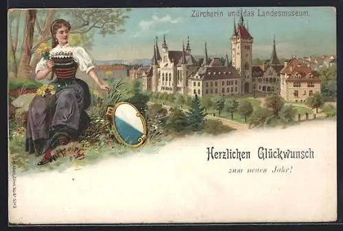 Lithographie Zürich, Zürcherin und das Landesmuseum, Wappen, Neujahrsgruss