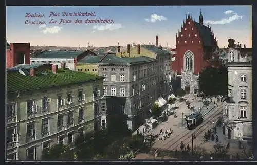 AK Kraków, Strassenbahn auf dem Dominikanerplatz