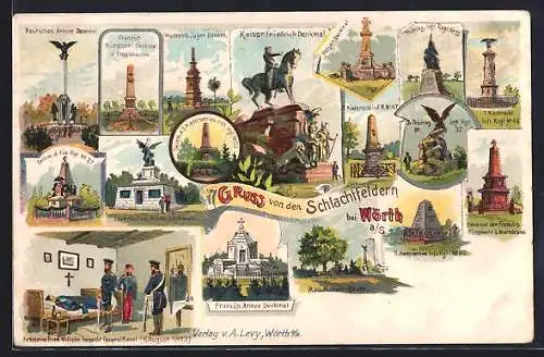 Lithographie Wörth, Schlachtfelder, Württembergisches Jäger Denkmal