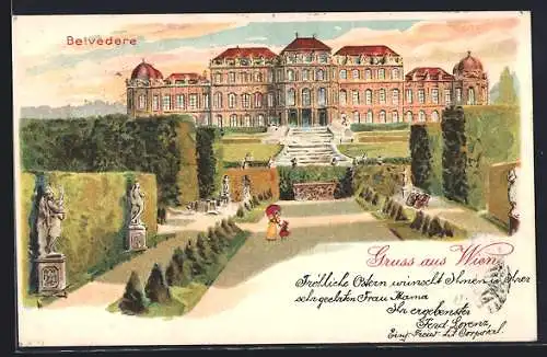 Lithographie Wien, Belvedere mit Spaziergängern