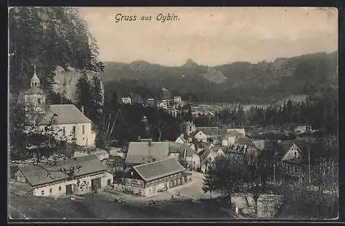 AK Oybin, Dorfpartie mit Kirche