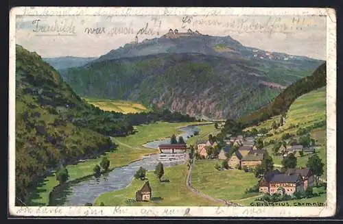 Künstler-AK Augustusburg i. Erzgeb., Blick von einem Berg aus der Ferne