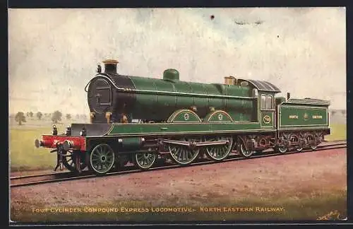 Künstler-AK englische Eisenbahn der Gesellschaft N.E.R., Four Cylinder Compound Express Locomotive