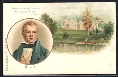 Lithographie Porträt Walther Scott, Schloss & Angler am See