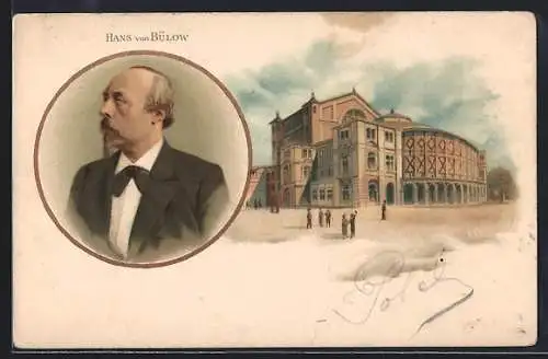 Lithographie Klaviervirtuose Hans von Bülow, Halbportrait, Konzerthaus
