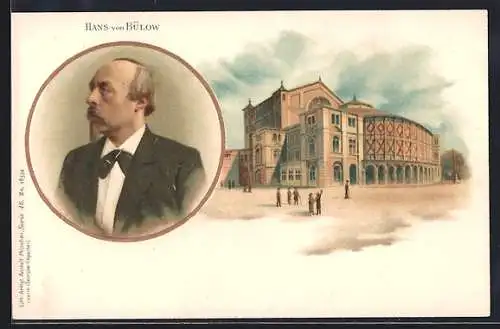 Lithographie Klaviervirtuose Hans von Bülow, Halbportrait, Konzerthaus