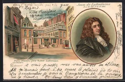 Lithographie Paris, Jean de Lafontaine, Maison qu`a habité Lafontaine Rue Charlot 4