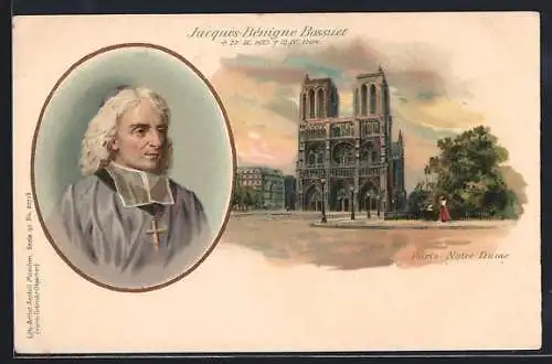 Lithographie Paris, Notre Dame, Jacques-Bénigne Bossuet