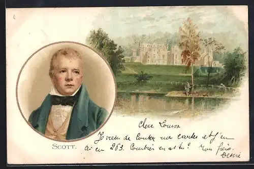 Lithographie Scott, Portrait und Panorama, Vers von Scott