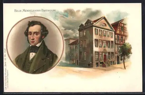 Lithographie Portrait Felix Mendelsohn-Bartholdy, Geburtshaus, Gebäudeansicht
