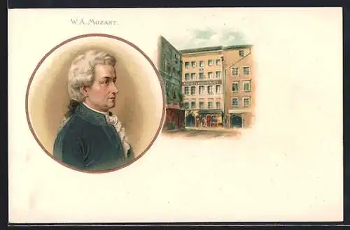 AK Wolfgang Amadeus Mozart, Portrait des österreichischen Komponisten, Hagenauerhaus, Getreidegasse 9 in Salzburg