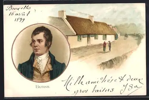 Lithographie Robert Burns, Portrait des Schriftstellers und Wohnhaus