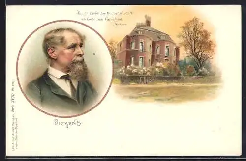 Lithographie Dickens, Portrait und Gebäudeansicht