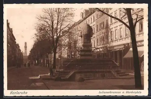 AK Karlsruhe, Strasse am Werderplatz mit Indianerbrunnen