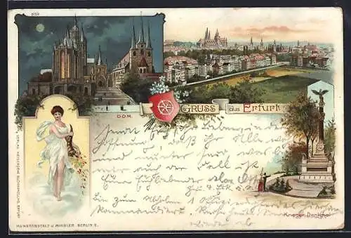 Lithographie Erfurt, Dom, Krieger Denkmal, Ortsansicht