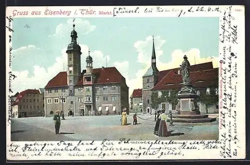 AK Eisenberg in Thür., Markt mit Denkmal
