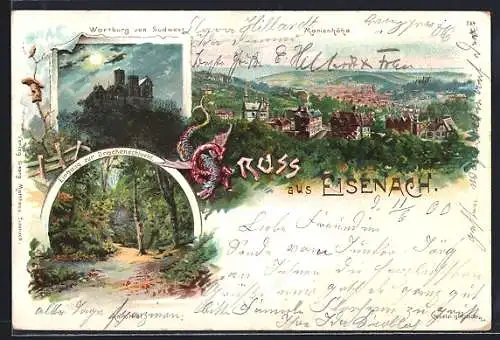Lithographie Eisenach, Ortsansicht, Wartburg