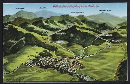Künstler-AK Eugen Felle: Waldmünchen, Ortsansicht mit Ulrichsgrün, Prosdorf und Pucher aus der Vogelschau