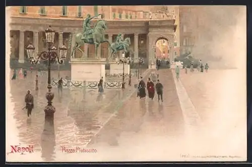 Lithographie Napoli, Piazza Plebescito, Denkmal Ferdinando I., Carlo III.