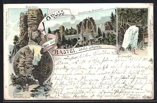 Lithographie Bastei, Basteibrücke, Amselfall, Uttewalder Grund