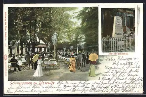 Künstler-AK Blasewitz a. d. Elbe, Gasthaus Schillergarten mit Kundschaft, Schillerdenkmal
