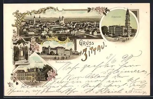 Lithographie Zittau, Panorama, Johanneum, Mandaukaserne, Postamt, Marschner-Denkmal