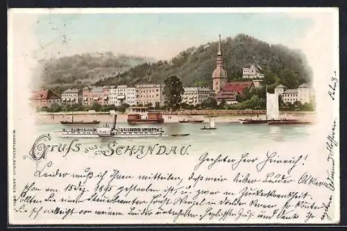 Lithographie Bad Schandau, Dampfer Pillnitz und Blick zum Ort, beleuchtete Fenster