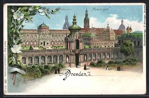 Lithographie Dresden, Zwinger mit Blumen