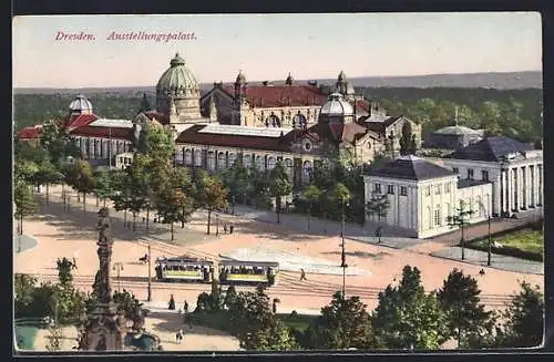 AK Dresden, Ausstellungspalast mit Strassenbahn