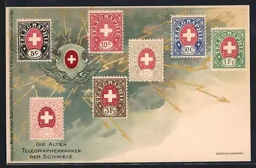 Lithographie Die alten Telegraphenmarken der Schweiz, Wappen, Briefmarkenhandel Max Lauber, Bern