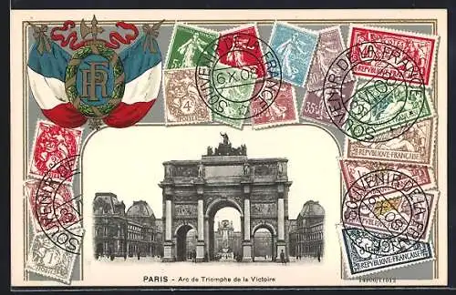 AK Paris, Arc de Triomphe de la Victoire mit gestempelten Briefmarken und Fahnen