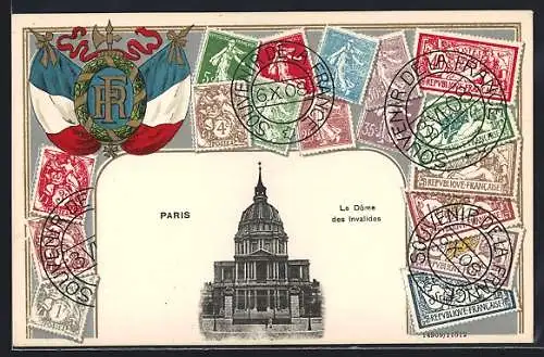 AK Paris, Le Dome des Invalides, Französische Briefmarken