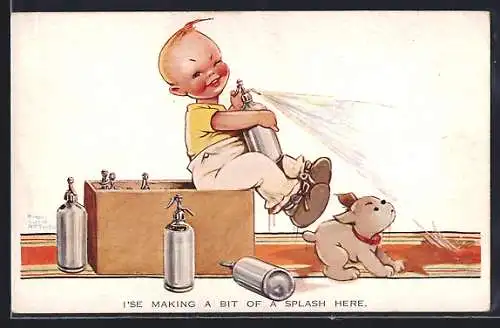 Künstler-AK Mabel Lucie Attwell: Mann mit einer Sprühflasche und Hund