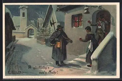 Künstler-Lithographie E. Döcker: Nachtwächter erhält einen Trunk gereicht, Neujahr