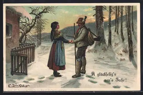 Künstler-Lithographie E. Döcker: Jäger hält die Hand seiner Geliebten, Neujahr