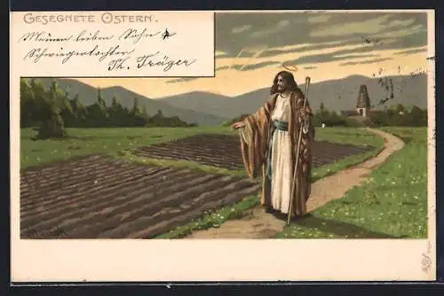 Künstler-AK Alfred Mailick: Jesus auf einem Feldweg an einem Acker, Ostergruss