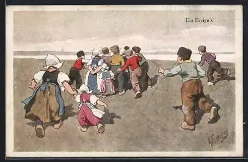 Künstler-AK Karl Feiertag: Holländische Kinder beim Spielen am Strand