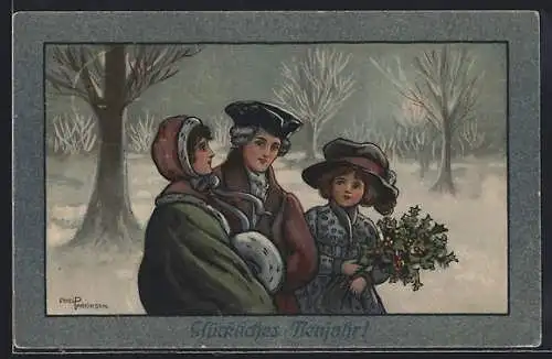 Künstler-AK Ethel Parkinson: Familie im verschneiten Park bei einem Spaziergang